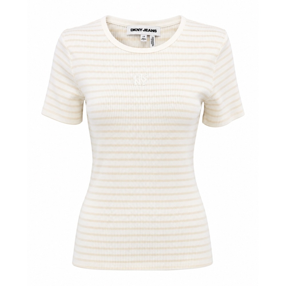 DKNY Jeans Ribbed Striped‎ Baby Tee Ivory Neutral Fitted Top NWT Large